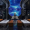 KTV Interior Design With Starry Sky Backdrop Brown Leather Sofas Coffee Tables And Neon Lights 3d model