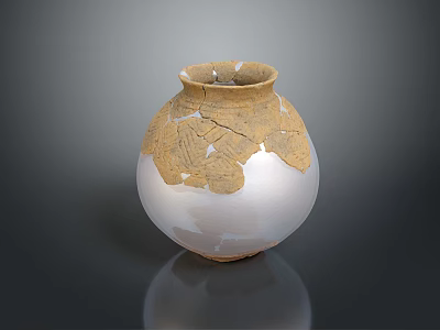 Traditional Ceramic Sculpture Carving with Detailed Cracked Surface and Golden Restored Artistic Patterns 3d model
