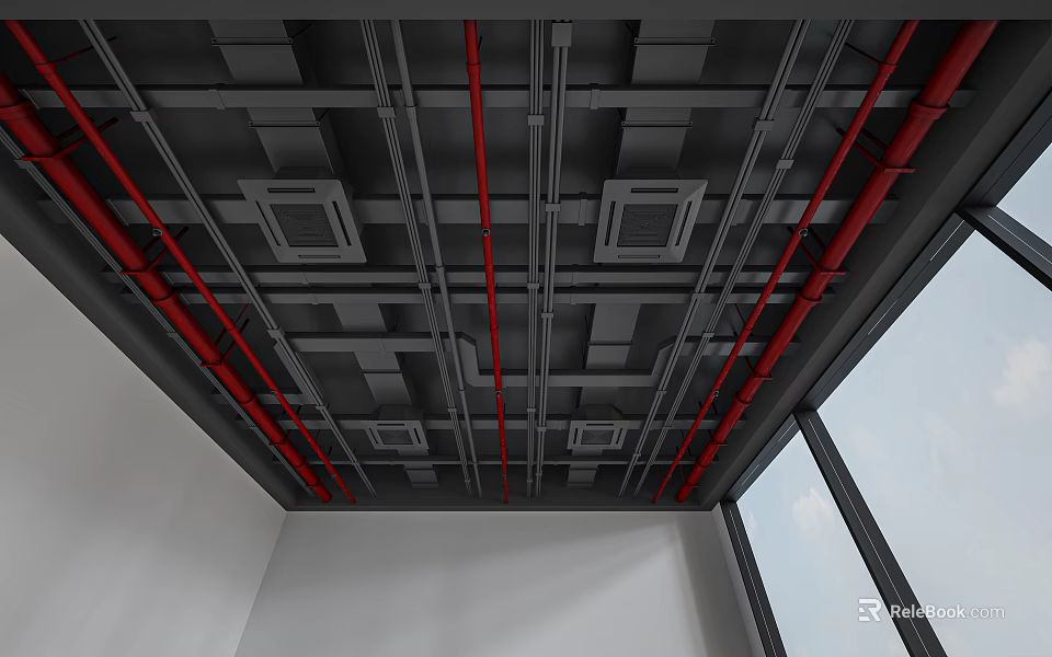 Gray Industrial Ceiling with Red Pipes Metal Frames and Side Window Structure 3d model