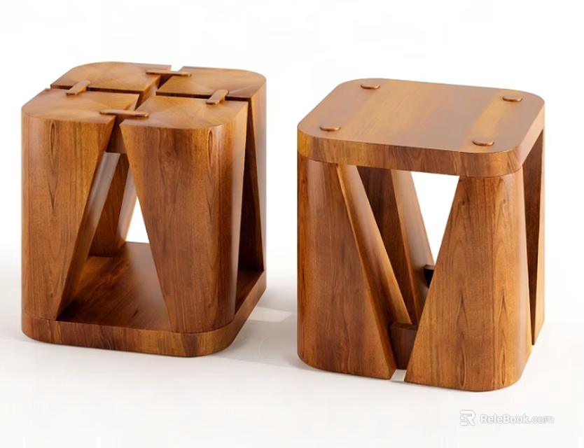 Two Unique Wooden Stools With Geometric Structure And Natural Wood 3d model 