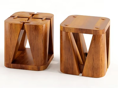 Two Unique Wooden Stools With Geometric Structure And Natural Wood 3d model