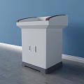 Functional White Desk With Brown Edge Top Gray Base Cabinet Doors And Silver Handles