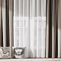 Brown Thick Curtains with White Sheer Curtains and Lion Patterned Pillows by Window 3d model