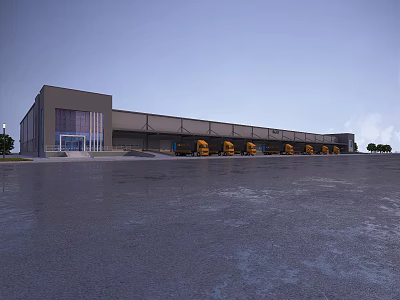Gray Exterior Industrial Warehouse Featuring Yellow Trucks Spacious Front Yard Trees And Flags At Entrance 3d model