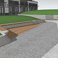 Modern Wooden Outdoor Bench In Urban Park With Greenery And People Sitting