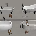 Various White Bathtubs With Brass Faucets Wooden Stools And Design Elements 3d model