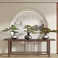 Chinese Style Console Table With Bonsai Pine Trees And Circular Landscape Painting