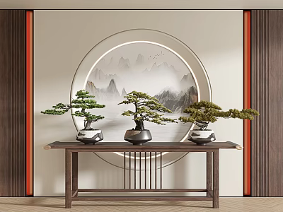 Chinese Style Console Table With Bonsai Pine Trees And Circular Landscape Painting 3d model