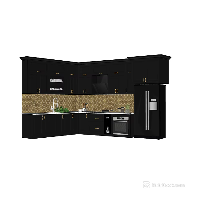 Modern Black Kitchen Cabinets With Tile Backsplash Countertop Faucet Oven And Refrigerator 3d model 