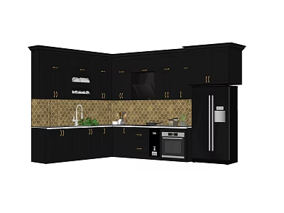 Modern Black Kitchen Cabinets With Tile Backsplash Countertop Faucet Oven And Refrigerator 3d model