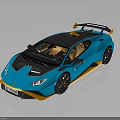 Blue Sports Car With Yellow Accents Black Roof Rear Spoiler And Brown Interior