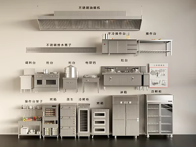 Stainless Steel Commercial Kitchen Appliances With Workbench Wall Cabinets Sterilizer Steamer And Refrigerator 3d model