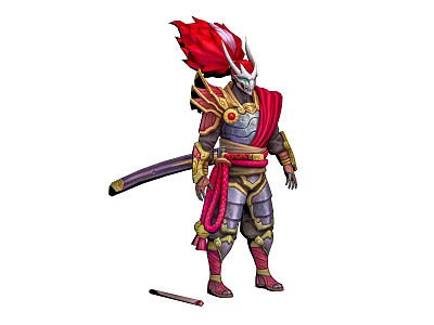 Samurai Warrior Character With Red Feathered Helmet And Creature Themed Armor Holding Sword And Staff 3d model