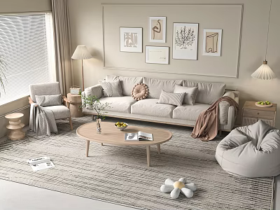Modern Neutral Sofa and Coffee Table Set with Pillows Throw Blanket Wall Art and Rug 3d model