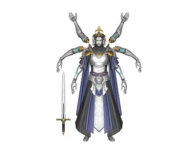 Mythical Multiple Armed Warrior Character Wearing Ornate Armor With Sword Headdress and Flowing Robe 3d model