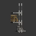 Multi Tiered Metal Storage Rack With Wooden Boxes And Stacked Plates