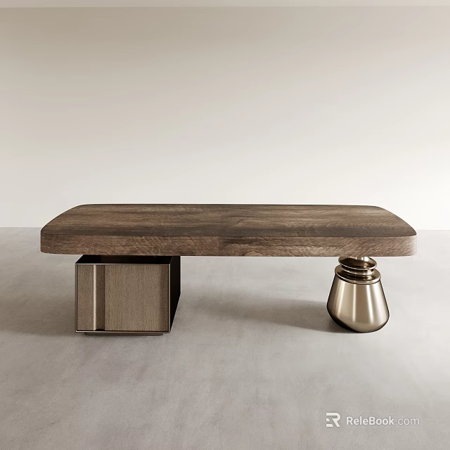 Modern Minimalist Tea Table with Walnut Wooden Tabletop and Two Different Square Metal Flared Legs 3d model 