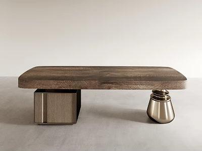 Modern Minimalist Tea Table with Walnut Wooden Tabletop and Two Different Square Metal Flared Legs 3d model