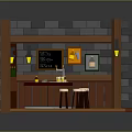 Rustic Bar Interior With Wooden Counter Stools Brick Walls And Bottle Shelves
