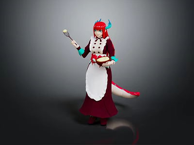 Game Movie Character With Red Horns Wearing Apron Holding Utensils And Tail 3d model