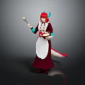 Game Movie Character With Red Horns Wearing Apron Holding Utensils And Tail