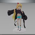 Anime Style 3D Character Model With Horns Long Golden Hair Purple Top And Blue Shorts
