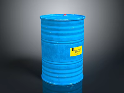 Standing Blue Barrel With Yellow Essential Label On Dark Reflective Surface 3d model