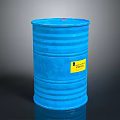 Standing Blue Barrel With Yellow Essential Label On Dark Reflective Surface