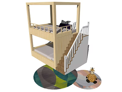 Wooden Bunk Bed With Staircase Mattress Colorful Rug And Giraffe Toy 3d model
