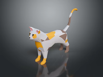 Low Poly Cat Figure With White Yellow Brown Geometric Design And Reflection 3d model
