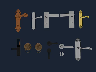 Various Decorative And Minimalist Door Handles With Brass Silver And Brown Metal Finishes 3d model