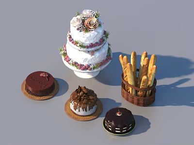 Assorted Cakes Including Three Tiered Wedding Cake With Cream Fruits And Breadsticks 3d model