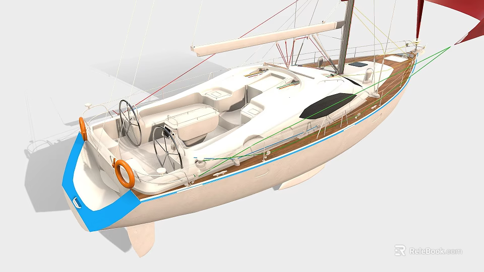 White Yacht With Blue Accents And Nautical Equipment 3d model 
