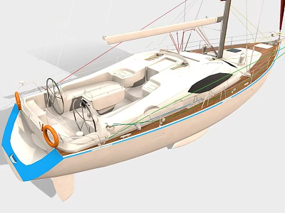 White Yacht With Blue Accents And Nautical Equipment 3d model