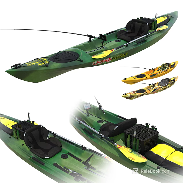 Green And Yellow Fishing Kayaks With Comfortable Seats And Storage Racks 3d model 