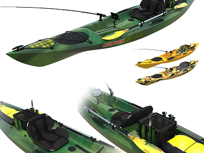 Green And Yellow Fishing Kayaks With Comfortable Seats And Storage Racks 3d model