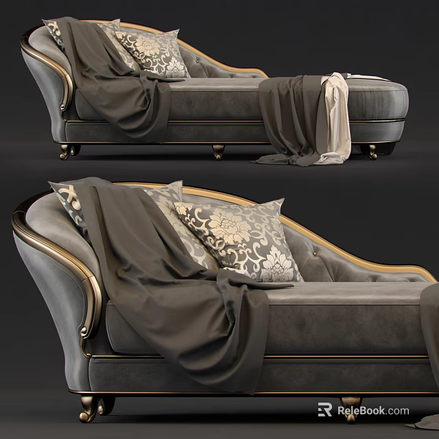 Elegant Gray Chaise Lounge With Gold Trim Patterned Pillows And Throw Blanket 3d model