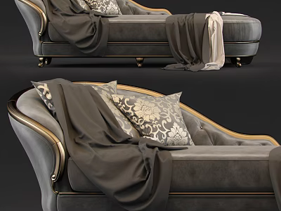 Elegant Gray Chaise Lounge With Gold Trim Patterned Pillows And Throw Blanket 3d model