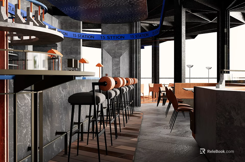 Modern Restaurant Interior Featuring Bar Counter Bar Stools Dining Tables And Hanging Lights 3d model