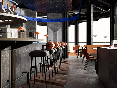 Modern Restaurant Interior Featuring Bar Counter Bar Stools Dining Tables And Hanging Lights 3d model