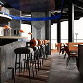 Modern Restaurant Interior Featuring Bar Counter Bar Stools Dining Tables And Hanging Lights 3d model