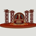 Traditional Red Stage with Golden Dragon Sculpture and Lantern Structures Circular Design and Ornate Decorations