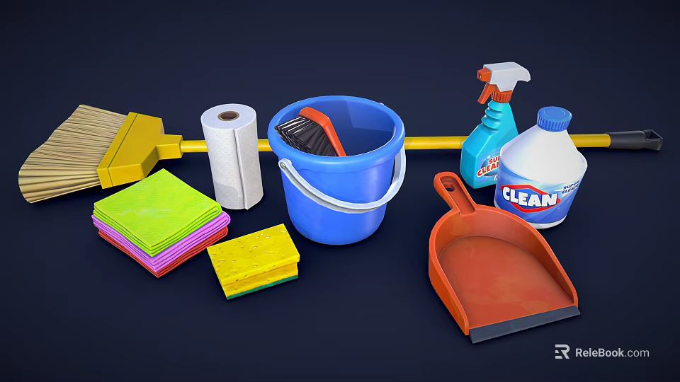 Essential Household Cleaning Tools Including Broom Bucket Brush Spray Sponges Dustpan And Paper Towel 3d model 