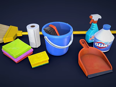 Essential Household Cleaning Tools Including Broom Bucket Brush Spray Sponges Dustpan And Paper Towel 3d model