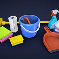 Essential Household Cleaning Tools Including Broom Bucket Brush Spray Sponges Dustpan And Paper Towel