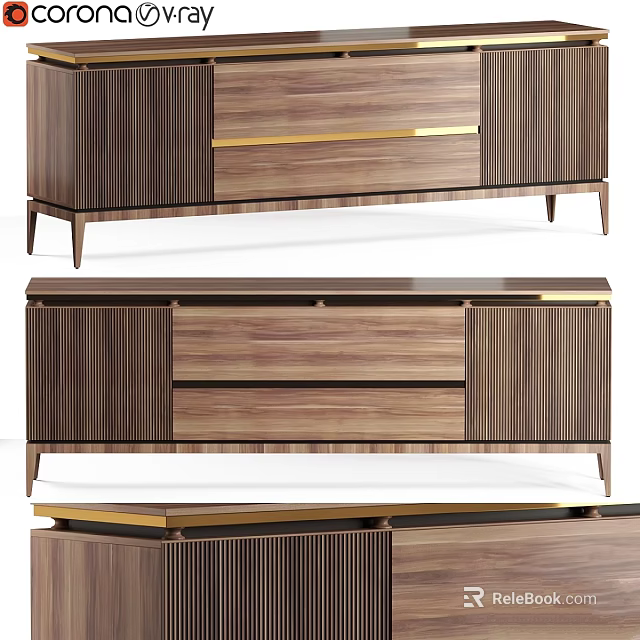 Modern Wooden Dresser With Gold Accents Wood Grain Finish And Sleek Legs 3d model 