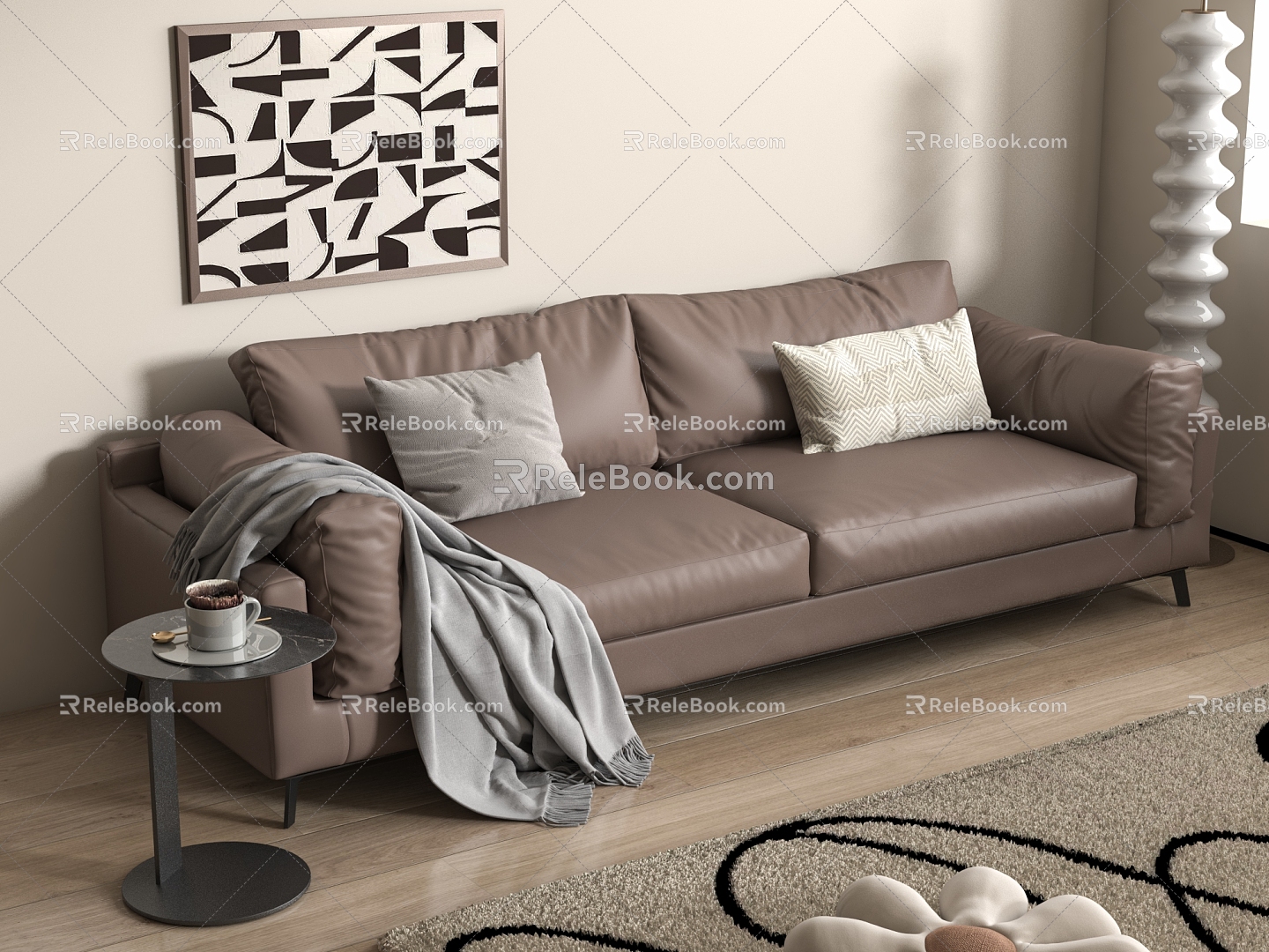 Leather double sofa with armrests 3d model