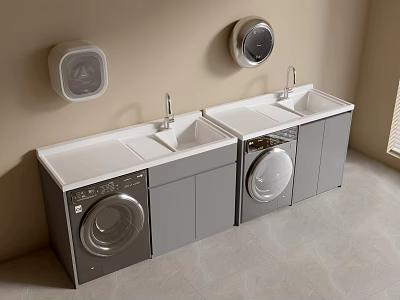 Modern Laundry Room With Two Washing Machines Sinks And Gray Cabinets On Beige Wall 3d model