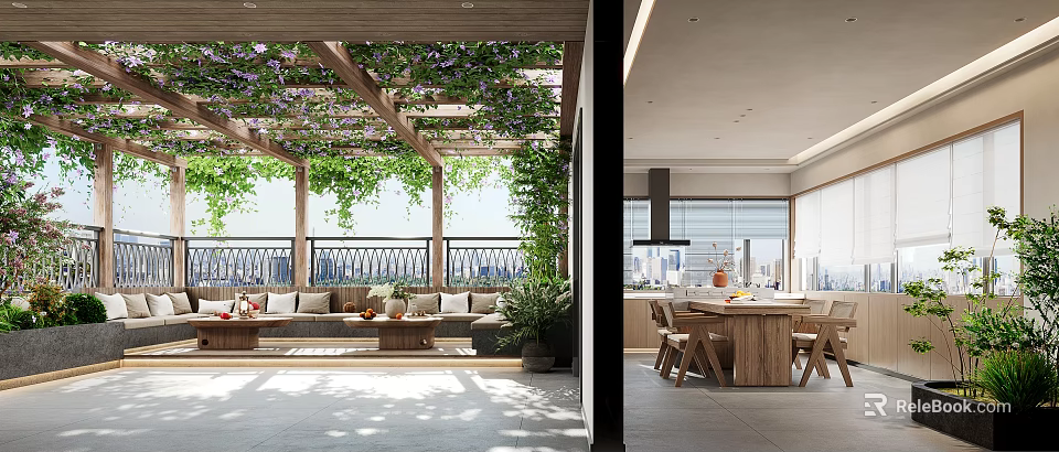 Modern Open Kitchen Interior With Wooden Pergola Climbing Vines And Dining Table 3d model 
