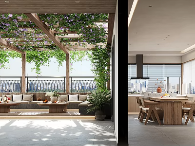 Modern Open Kitchen Interior With Wooden Pergola Climbing Vines And Dining Table 3d model